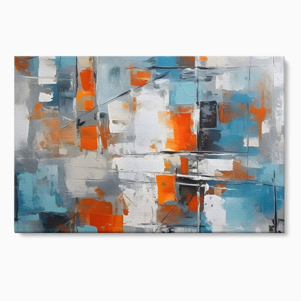 Tablou canvas cu pictura abstracta cu blocuri portocalii si albastre, fara rama, pe sasiu de lemn